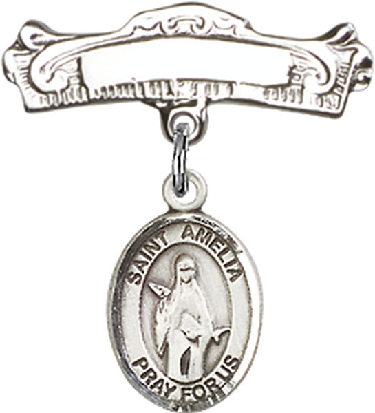 Personalized Baby Badge - Engraved Badge Pin with St. Amelia Charm