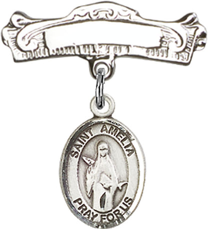 Personalized Baby Badge - Engraved Badge Pin with St. Amelia Charm
