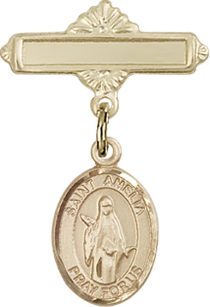 Personalized Baby Badge - Engraved Badge Pin with St. Amelia Charm
