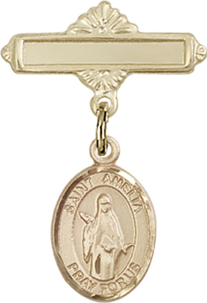 Personalized Baby Badge - Engraved Badge Pin with St. Amelia Charm