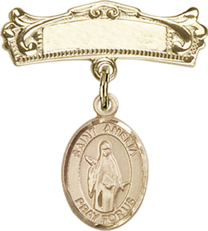 Personalized Baby Badge - Engraved Badge Pin with St. Amelia Charm