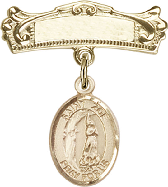 Personalized Baby Badge - Engraved Badge Pin with St. Zoe of Rome Charm