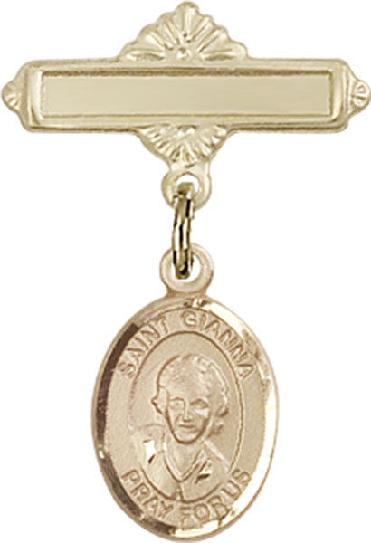 Personalized Baby Badge - Engraved Badge Pin with St. Gianna Beretta Molla Charm