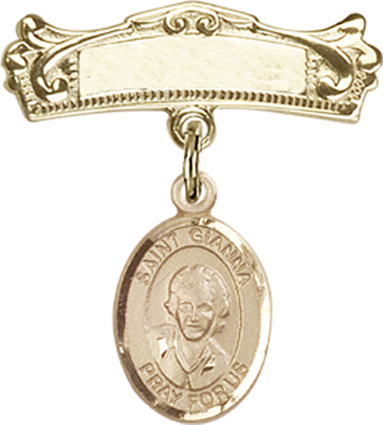 Personalized Baby Badge - Engraved Badge Pin with St. Gianna Beretta Molla Charm