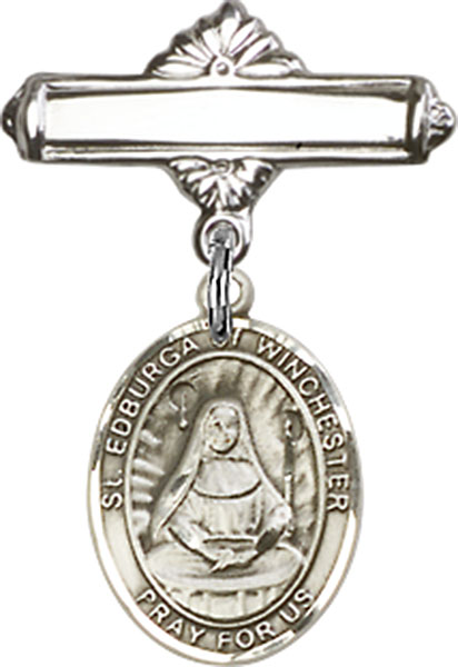 Personalized Baby Badge - Engraved Badge Pin with St. Edburga of Winchester Charm