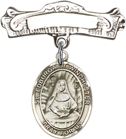 Personalized Baby Badge - Engraved Badge Pin with St. Edburga of Winchester Charm