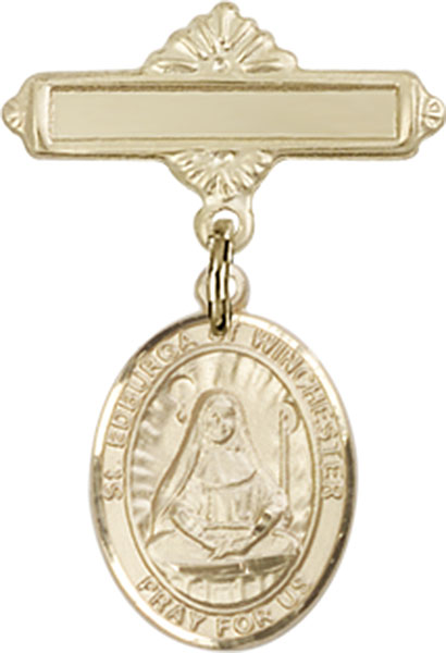 Personalized Baby Badge - Engraved Badge Pin with St. Edburga of Winchester Charm