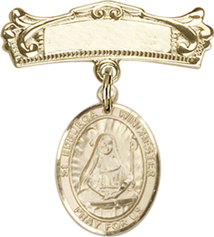 Personalized Baby Badge - Engraved Badge Pin with St. Edburga of Winchester Charm