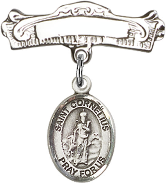 Personalized Baby Badge - Engraved Badge Pin with St. Cornelius Charm