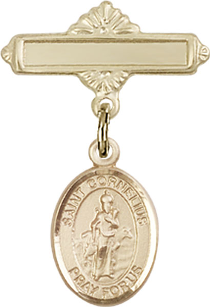 Personalized Baby Badge - Engraved Badge Pin with St. Cornelius Charm