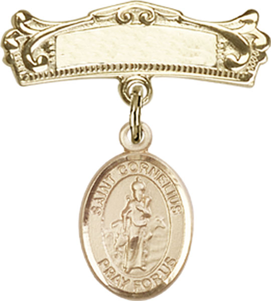 Personalized Baby Badge - Engraved Badge Pin with St. Cornelius Charm