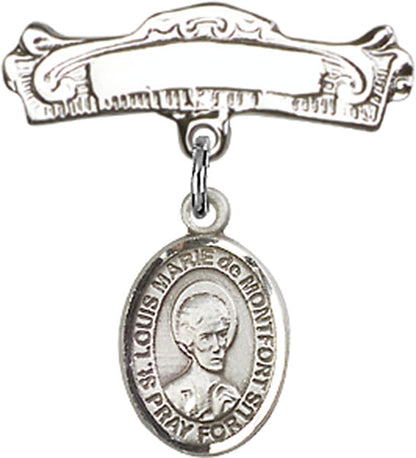 Personalized Baby Badge - Engraved Badge Pin with St. Louis Marie de Montfort Charm