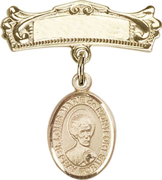 Personalized Baby Badge - Engraved Badge Pin with St. Louis Marie de Montfort Charm
