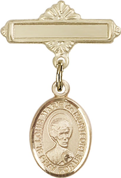 Personalized Baby Badge - Engraved Badge Pin with St. Louis Marie de Montfort Charm