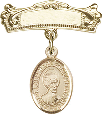Personalized Baby Badge - Engraved Badge Pin with St. Louis Marie de Montfort Charm