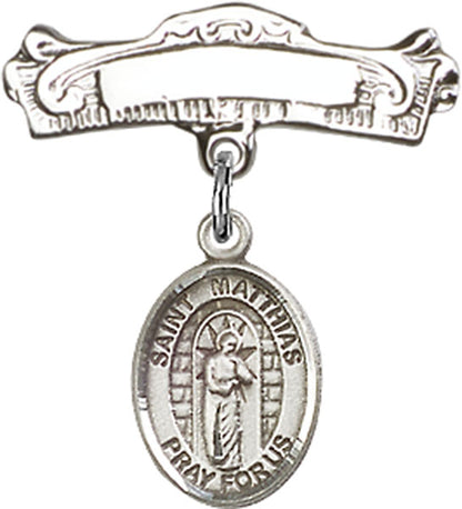 Personalized Baby Badge - Engraved Badge Pin with St. Matthias the Apostle Charm