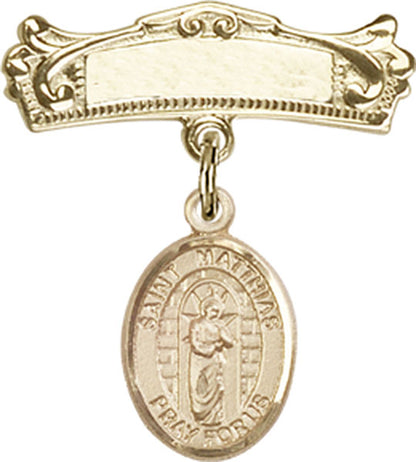 Personalized Baby Badge - Engraved Badge Pin with St. Matthias the Apostle Charm
