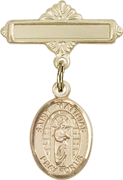 Personalized Baby Badge - Engraved Badge Pin with St. Matthias the Apostle Charm