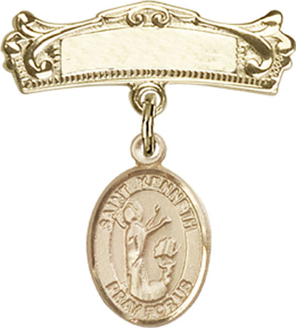 Personalized Baby Badge - Engraved Badge Pin with St. Kenneth Charm