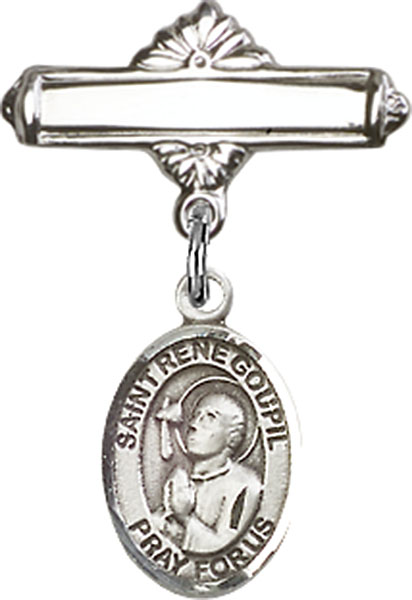 Personalized Baby Badge - Engraved Badge Pin with St. Rene Goupil Charm