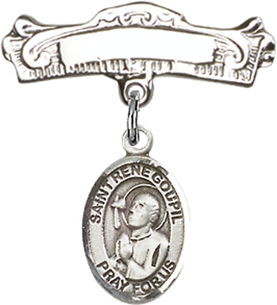 Personalized Baby Badge - Engraved Badge Pin with St. Rene Goupil Charm