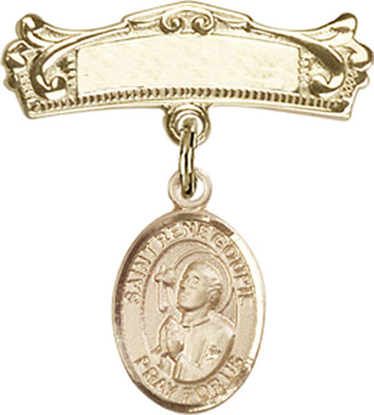 Personalized Baby Badge - Engraved Badge Pin with St. Rene Goupil Charm