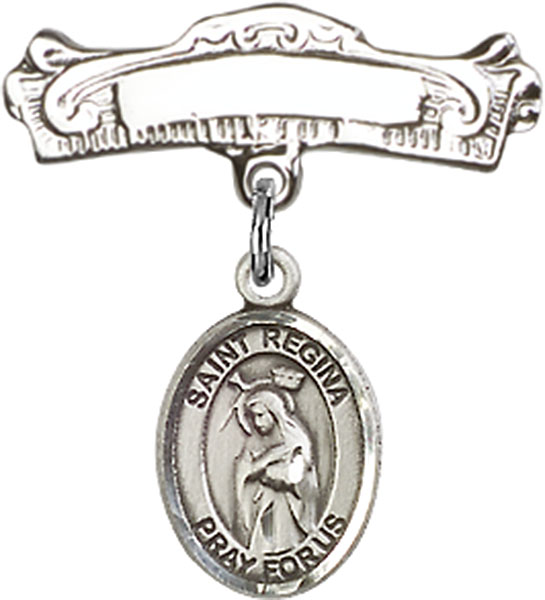 Personalized Baby Badge - Engraved Badge Pin with St. Regina Charm
