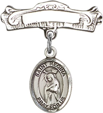 Personalized Baby Badge - Engraved Badge Pin with St. Regina Charm