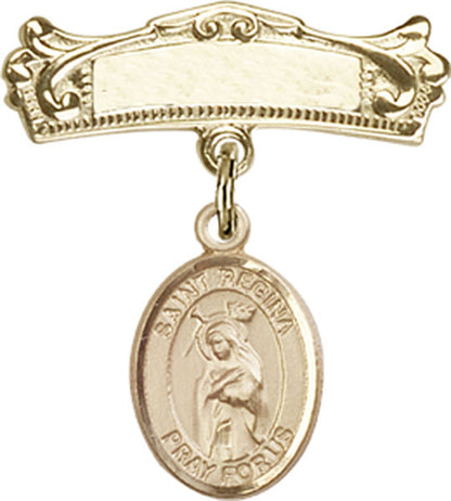 Personalized Baby Badge - Engraved Badge Pin with St. Regina Charm