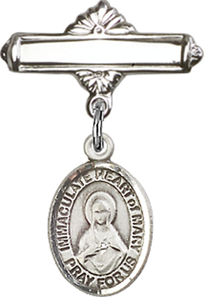 Personalized Baby Badge - Engraved Badge Pin with Immaculate Heart of Mary Charm