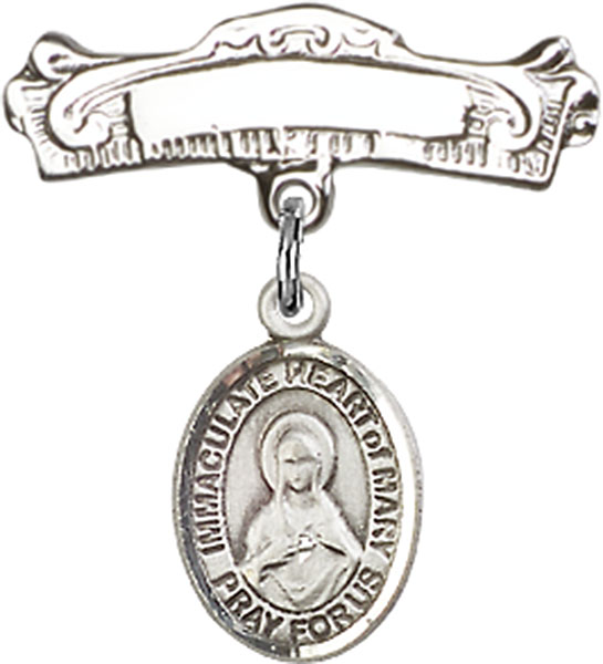 Personalized Baby Badge - Engraved Badge Pin with Immaculate Heart of Mary Charm