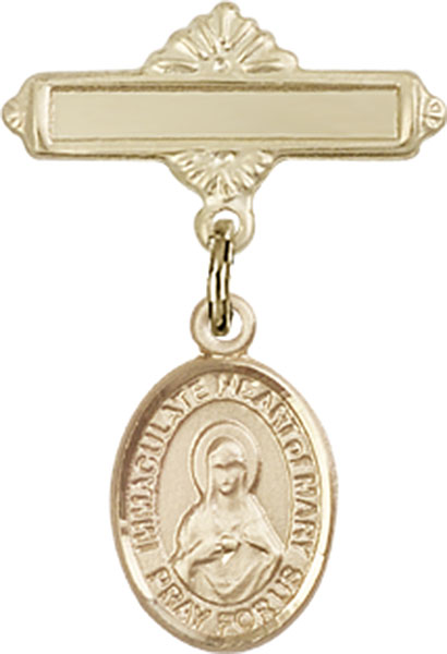 Personalized Baby Badge - Engraved Badge Pin with Immaculate Heart of Mary Charm