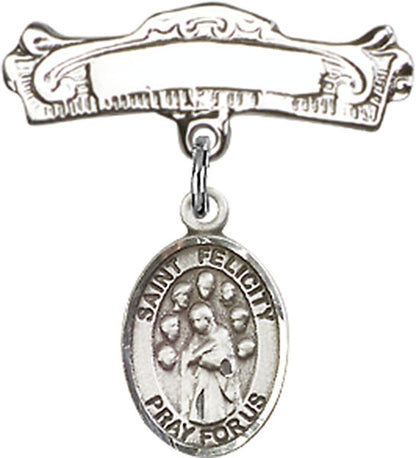 Personalized Baby Badge - Engraved Badge Pin with St. Felicity Charm