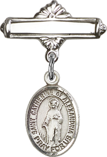 Personalized Baby Badge - Engraved Badge Pin with St. Catherine of Alexandria Charm