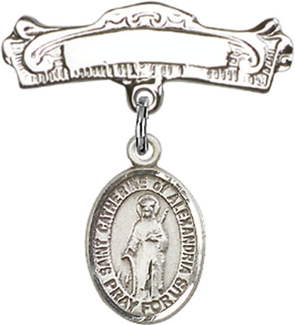 Personalized Baby Badge - Engraved Badge Pin with St. Catherine of Alexandria Charm