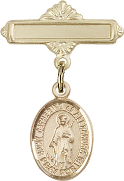 Personalized Baby Badge - Engraved Badge Pin with St. Catherine of Alexandria Charm