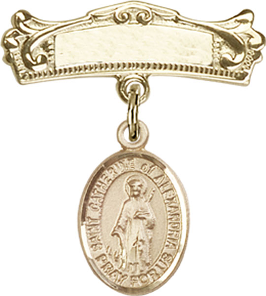 Personalized Baby Badge - Engraved Badge Pin with St. Catherine of Alexandria Charm
