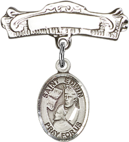 Personalized Baby Badge - Engraved Badge Pin with St. Edwin Charm