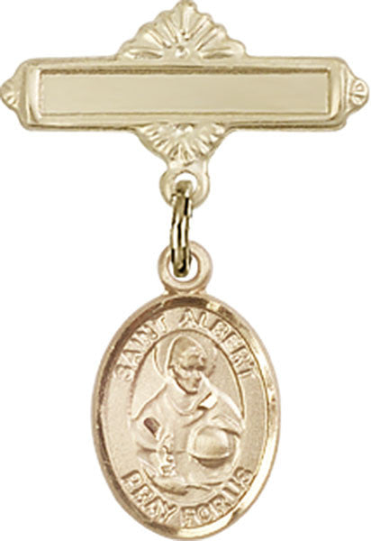 Personalized Baby Badge - Engraved Badge Pin with St. Albert the Great Charm