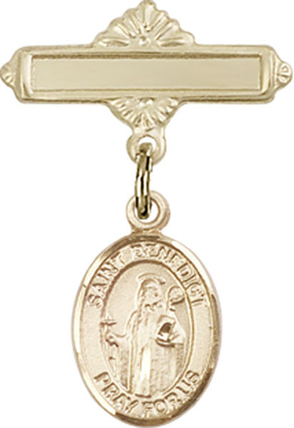 Personalized Baby Badge - Engraved Badge Pin with St. Benedict Charm