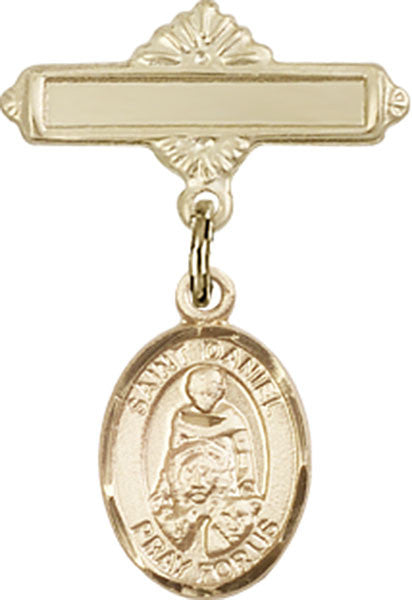 Personalized Baby Badge - Engraved Badge Pin with St. Daniel Charm