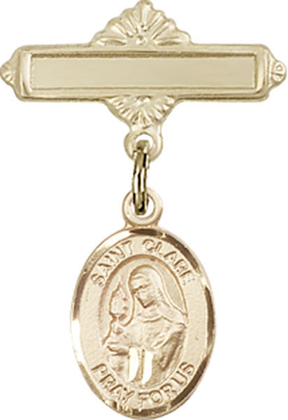 Personalized Baby Badge - Engraved Badge Pin with St. Clare of Assisi Charm
