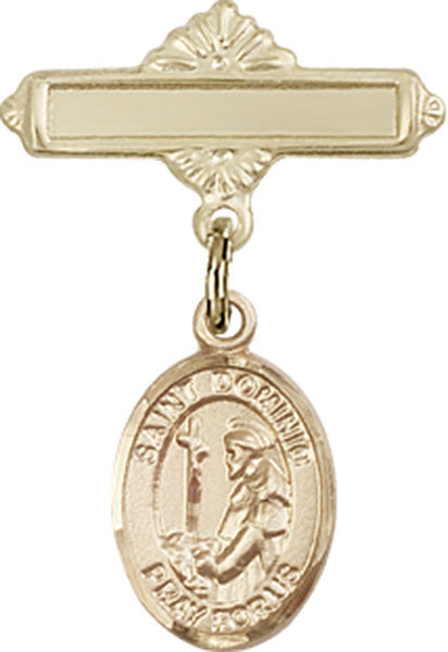 Personalized Baby Badge - Engraved Badge Pin with St. Dominic de Guzman Charm