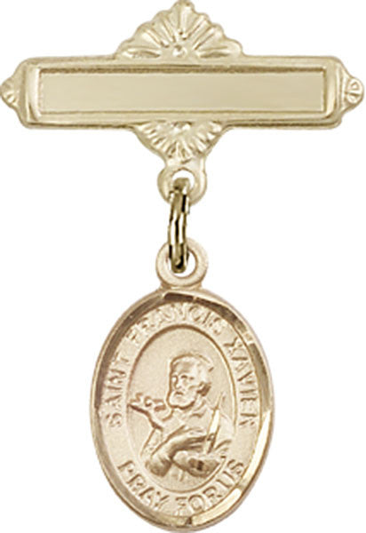 Personalized Baby Badge - Engraved Badge Pin with St. Francis Xavier Charm
