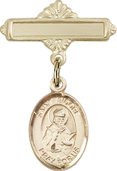 Personalized Baby Badge - Engraved Badge Pin with St. Isidore of Seville Charm