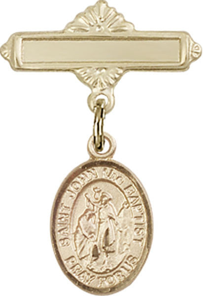 Personalized Baby Badge - Engraved Badge Pin with St. John the Baptist Charm