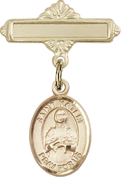 Personalized Baby Badge - Engraved Badge Pin with St. Kateri Tekakwitha Charm