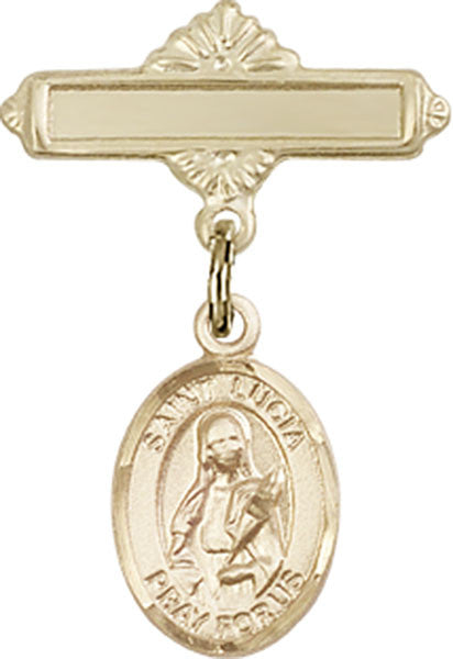 Personalized Baby Badge - Engraved Badge Pin with St. Lucia of Syracuse Charm