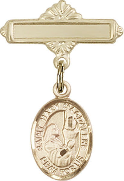 Personalized Baby Badge - Engraved Badge Pin with St. Mary Magdalene Charm