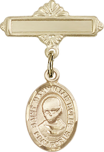 Personalized Baby Badge - Engraved Badge Pin with St. Maximilian Kolbe Charm